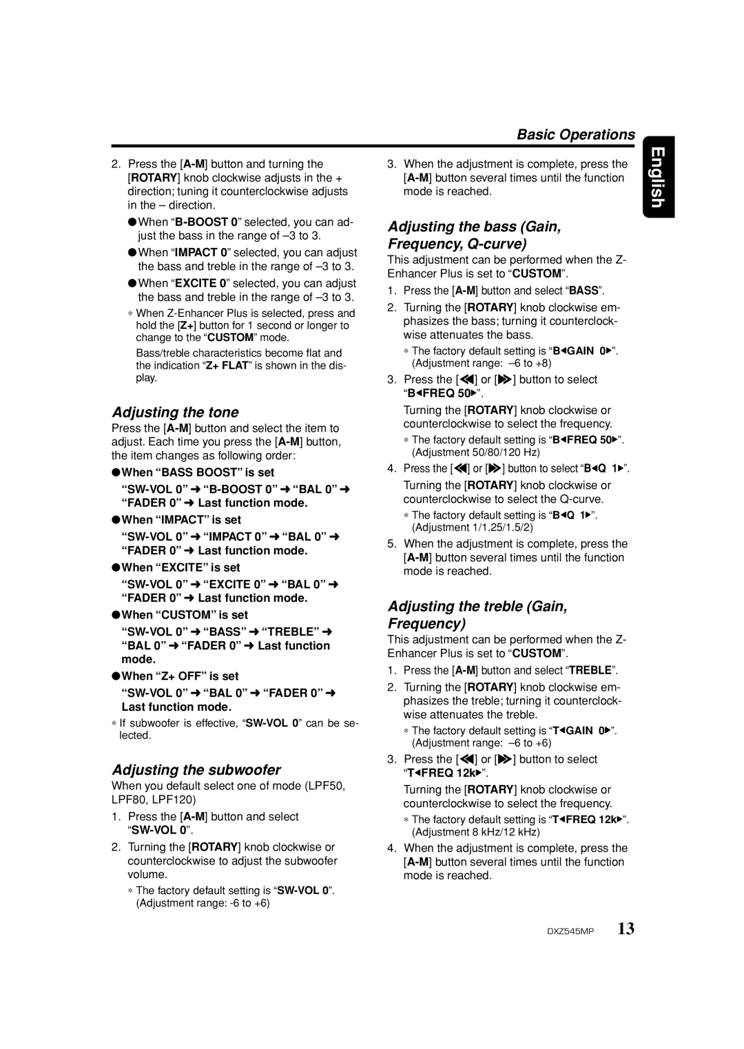 Clarion DXZ545MP Basic Operations, Adjusting the tone, Adjusting the subwoofer, Adjusting the bass Gain Frequency, Q-curve 