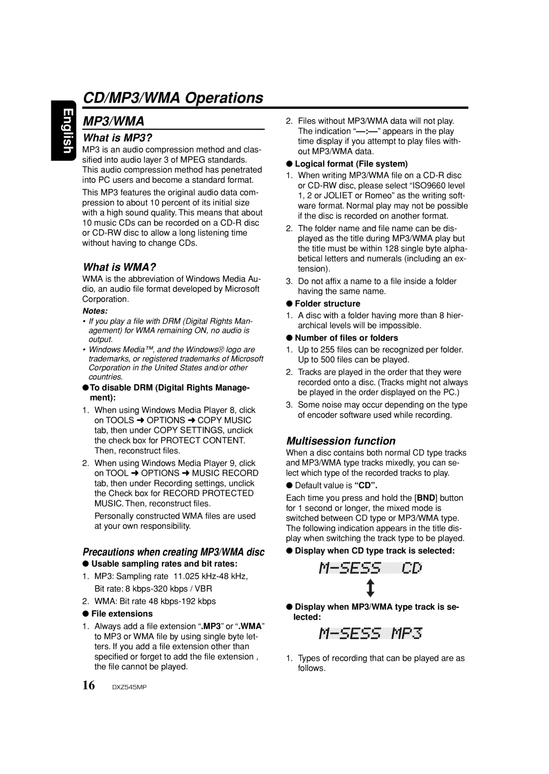 Clarion DXZ545MP owner manual CD/MP3/WMA Operations, What is MP3?, What is WMA?, Multisession function 