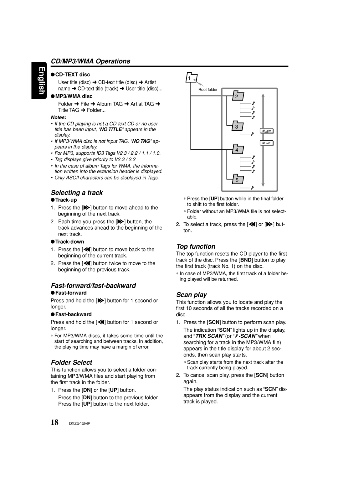 Clarion DXZ545MP owner manual Selecting a track, Fast-forward/fast-backward, Folder Select, Top function, Scan play 