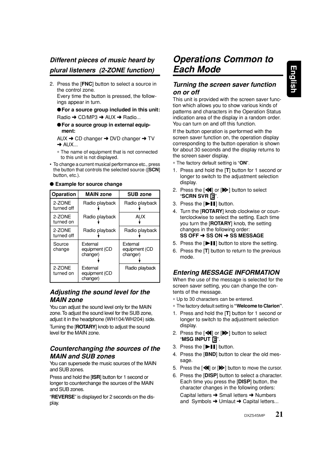 Clarion DXZ545MP Operations Common to Each Mode, Adjusting the sound level for the Main zone, Entering Message Information 