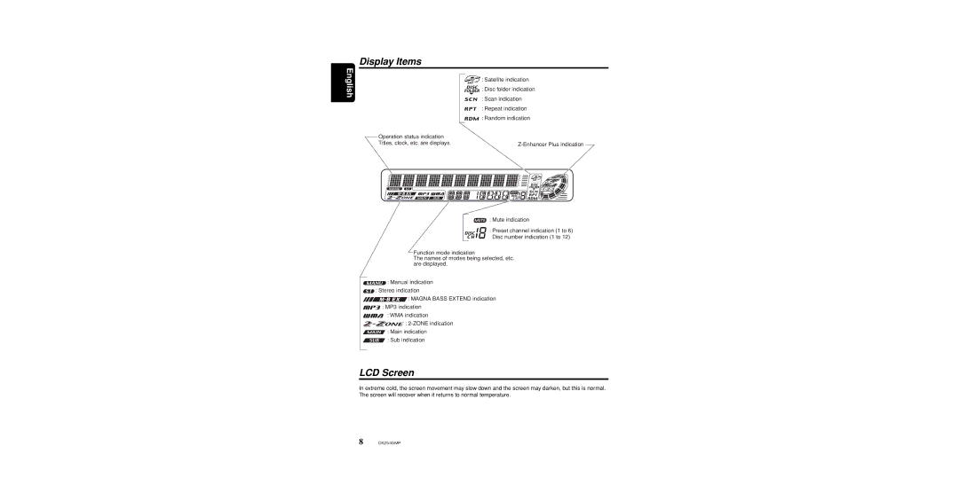 Clarion DXZ545MP owner manual Display Items, LCD Screen 