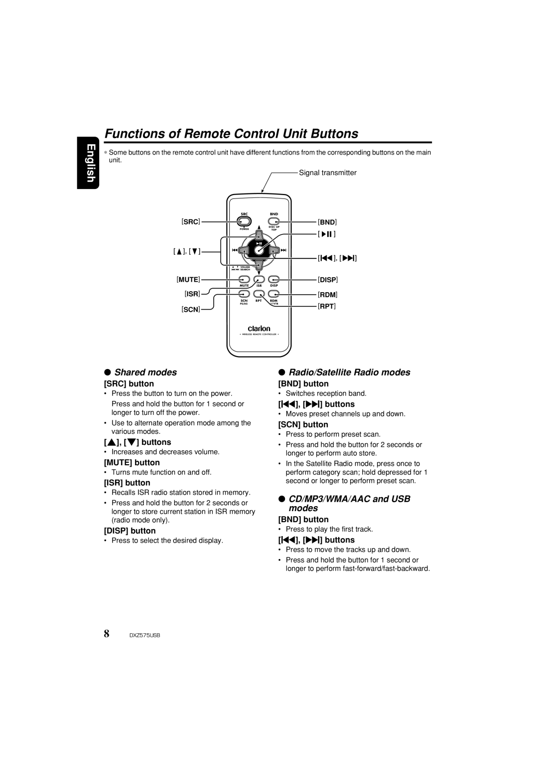 Clarion DXZ575USB owner manual Functions of Remote Control Unit Buttons, Shared modes, Radio/Satellite Radio modes 