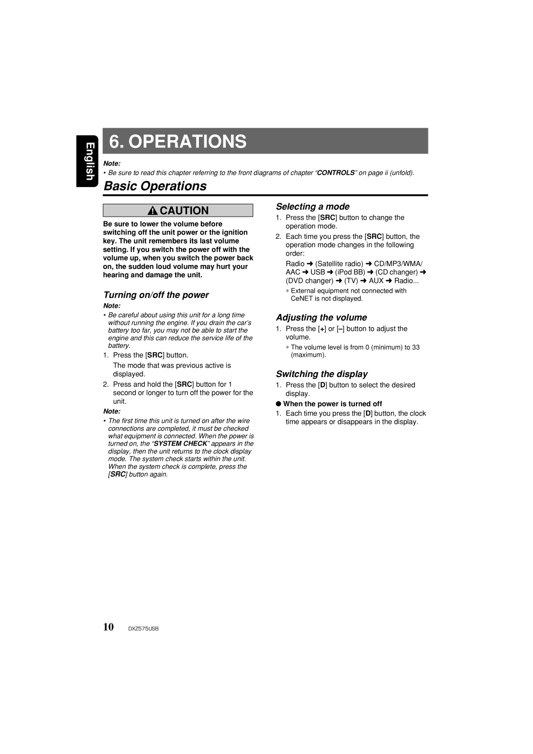 Clarion DXZ575USB owner manual Basic Operations 