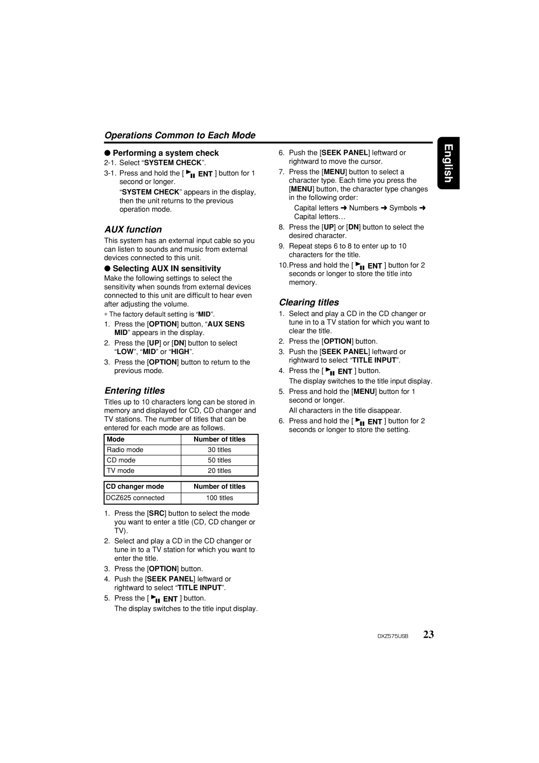 Clarion DXZ575USB AUX function, Entering titles, Clearing titles, Performing a system check, Selecting AUX in sensitivity 