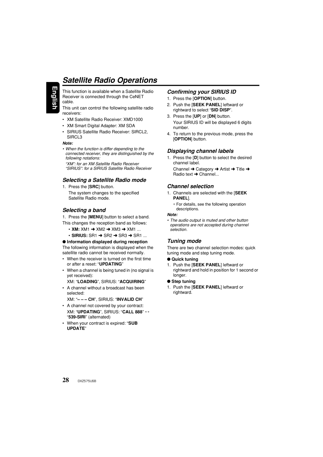 Clarion DXZ575USB owner manual Satellite Radio Operations 