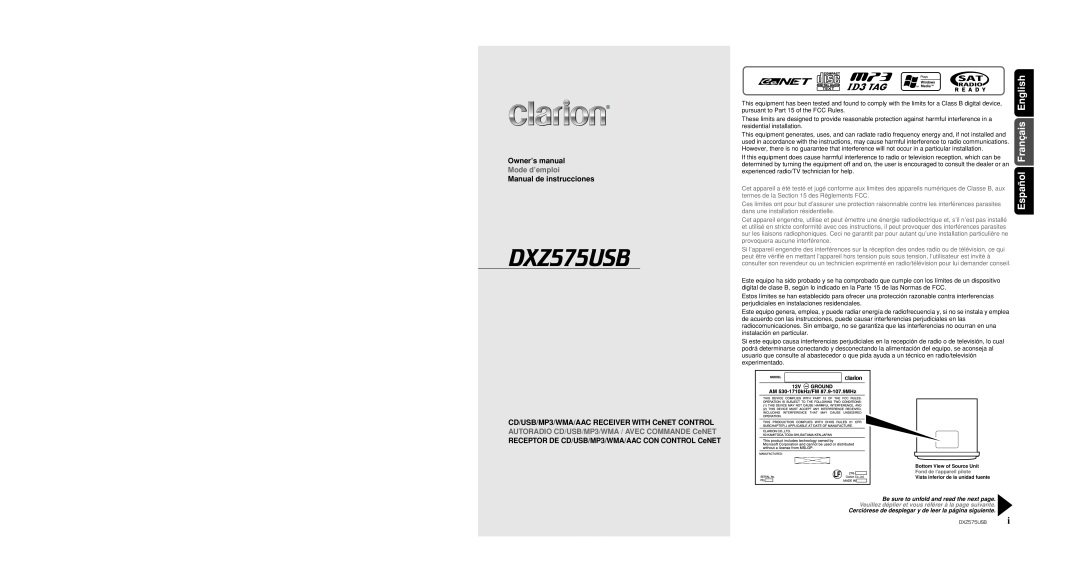 Clarion DXZ575USB owner manual English, Manual de instrucciones, Mode d’emploi, termes de la des Règlements FCC 