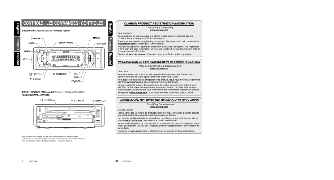 Clarion DXZ575USB English Français Español, Controls / Les Commandes / Controles, Clarion Product Registration Information 
