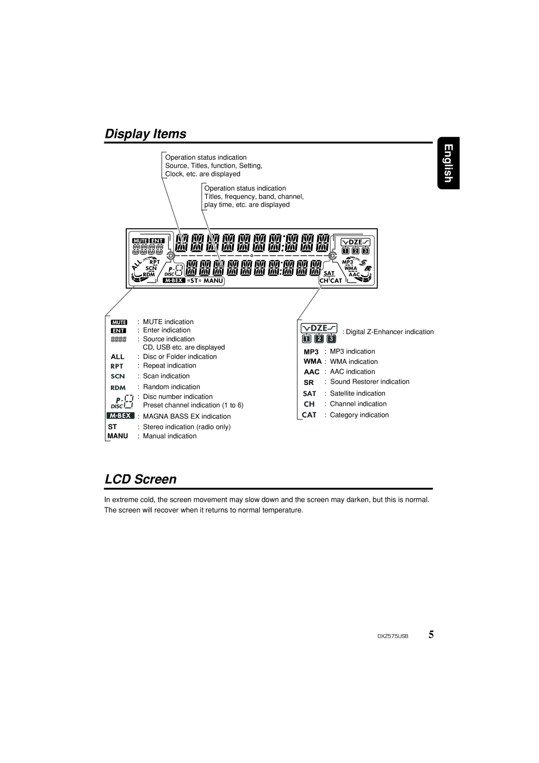 Clarion DXZ575USB owner manual Display Items, LCD Screen, English, Manu 
