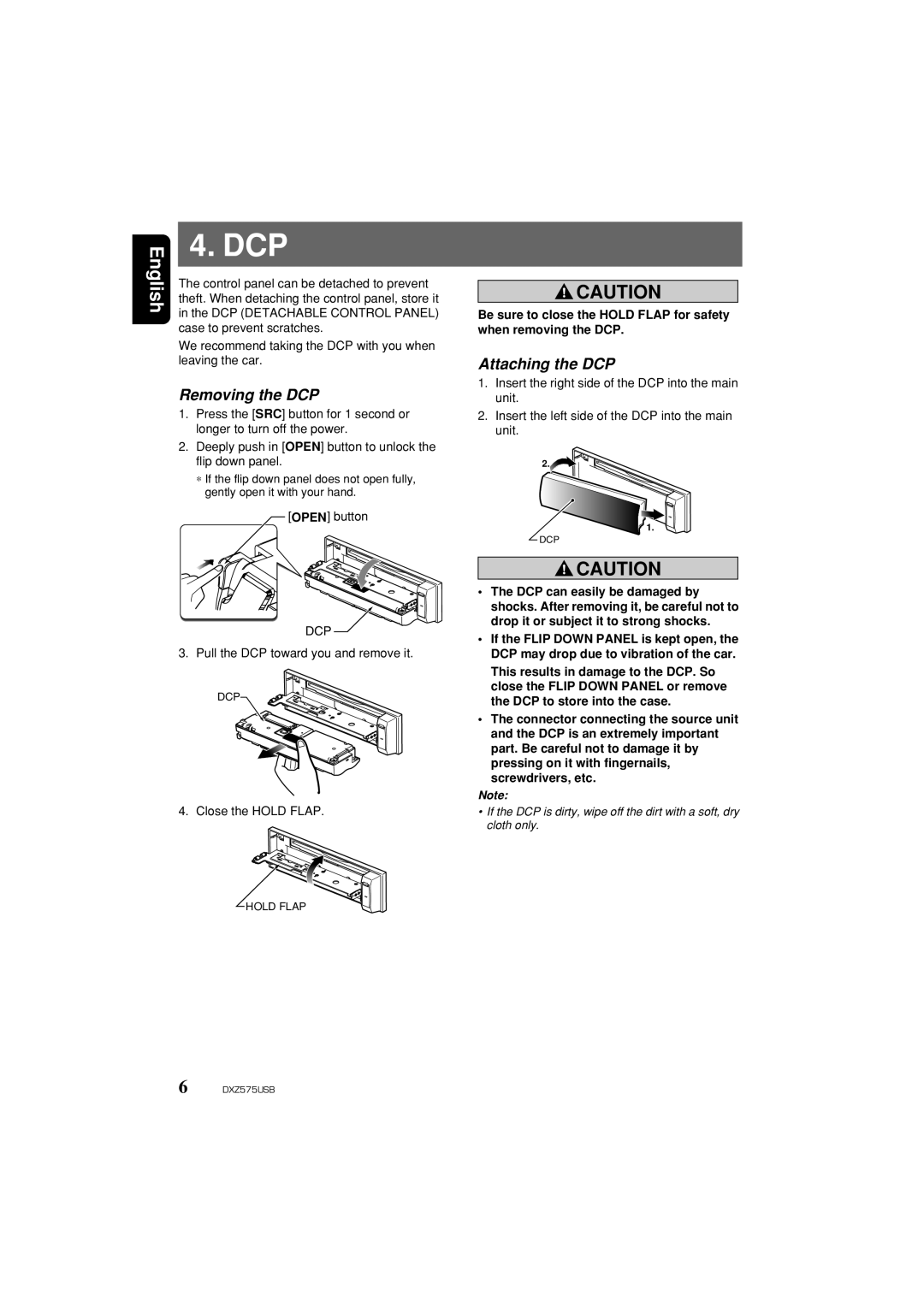 Clarion DXZ575USB owner manual Dcp, Removing the DCP, Attaching the DCP, English 
