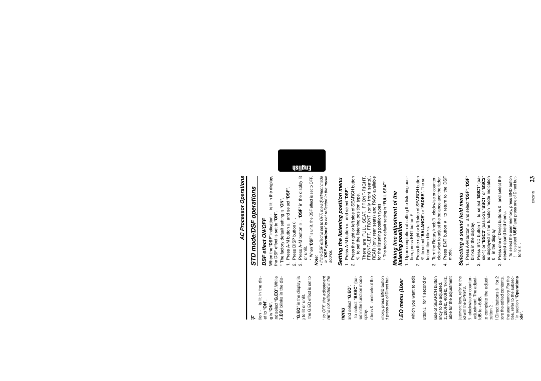 Clarion DXZ615 owner manual AC Processor Operations EQ effect ON/OFF, DSF effect ON/OFF, Selecting a G.EQ menu 