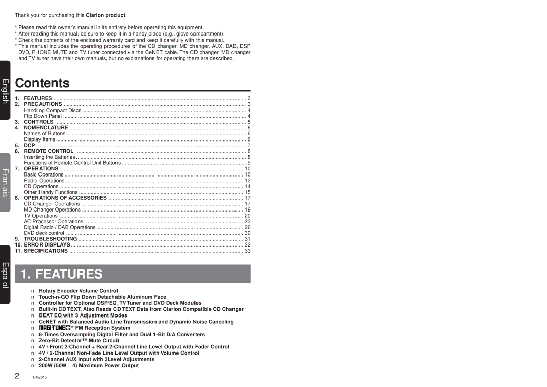 Clarion DXZ615 owner manual Contents, Features 