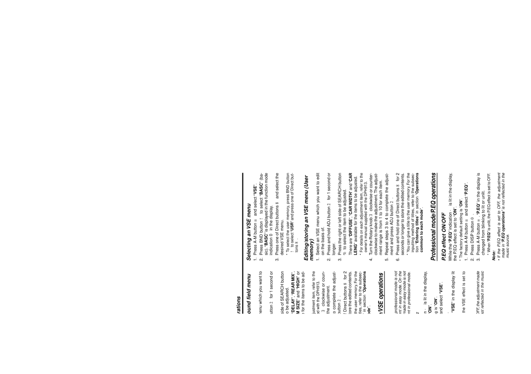 Clarion DXZ615 owner manual Editing/storing an VSE menu User, Memory, VSE effect ON/OFF, Professional mode/P.EQ operations 