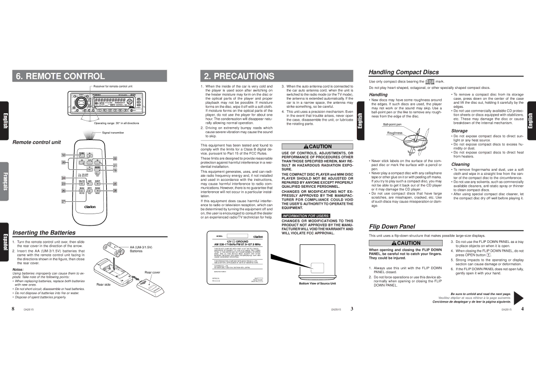 Clarion DXZ615 owner manual Remote Control Precautions, Remote control unit 