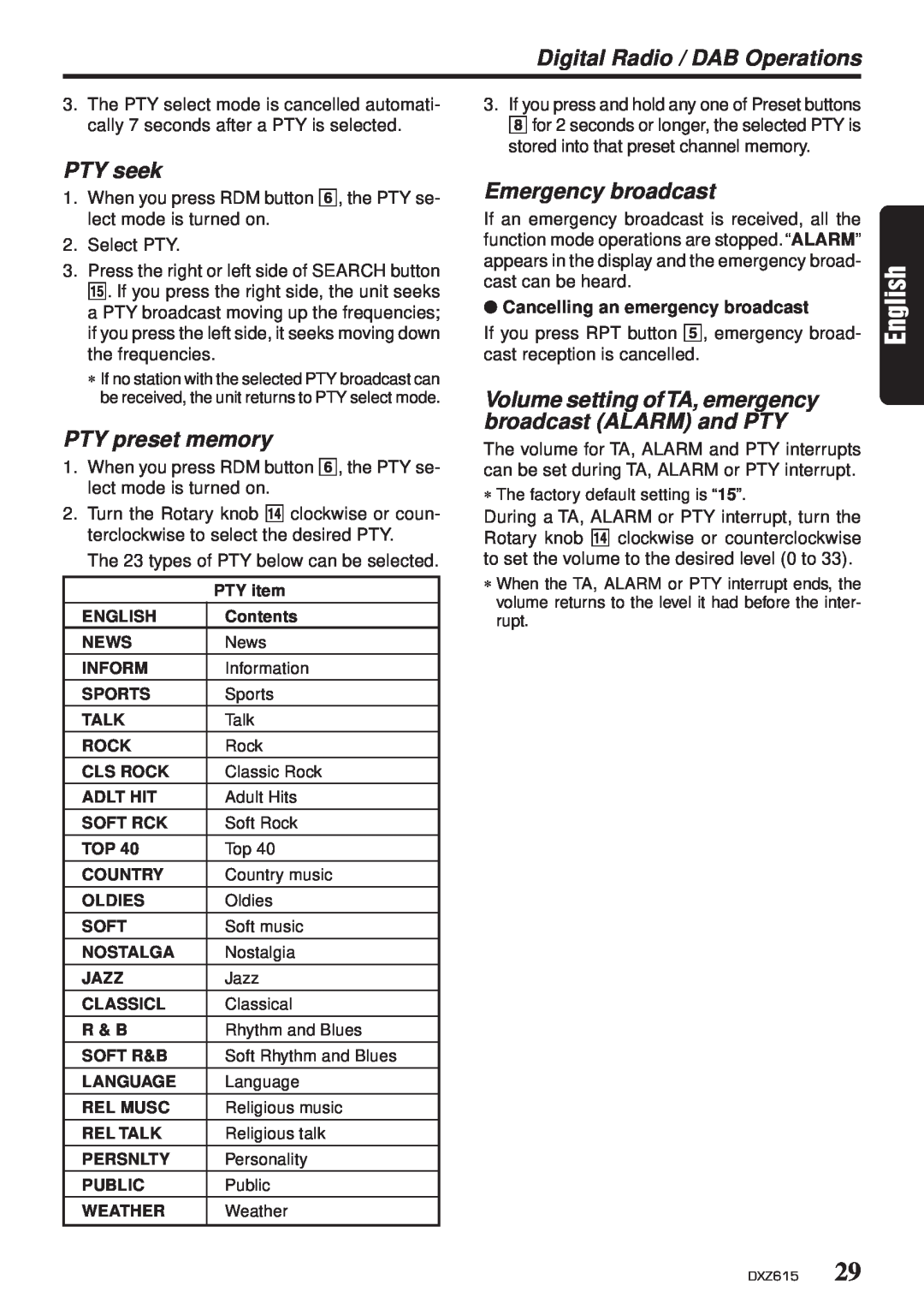 Clarion DXZ615 owner manual PTY seek, PTY preset memory, Emergency broadcast, English, Digital Radio / DAB Operations 