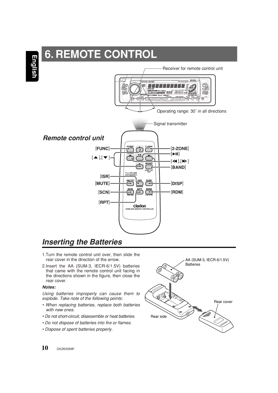 Clarion DXZ645MP owner manual Remote Control, Inserting the Batteries 