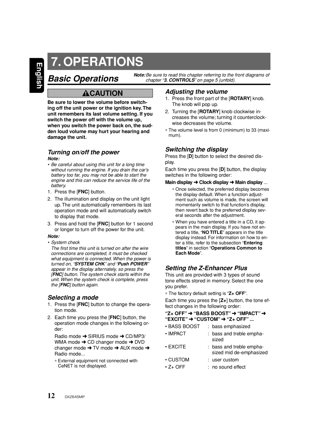 Clarion DXZ645MP owner manual Basic Operations 