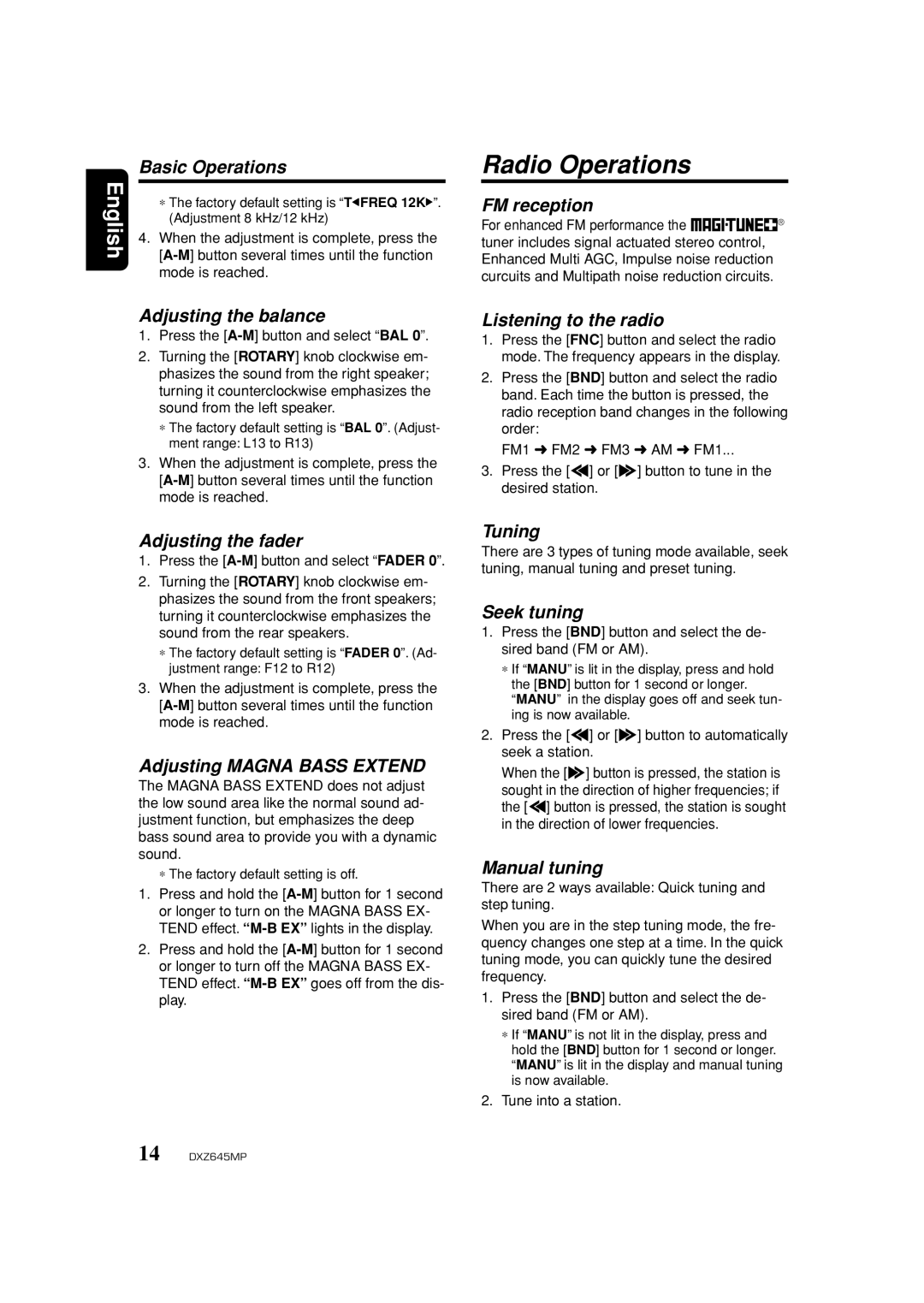 Clarion DXZ645MP owner manual Radio Operations 