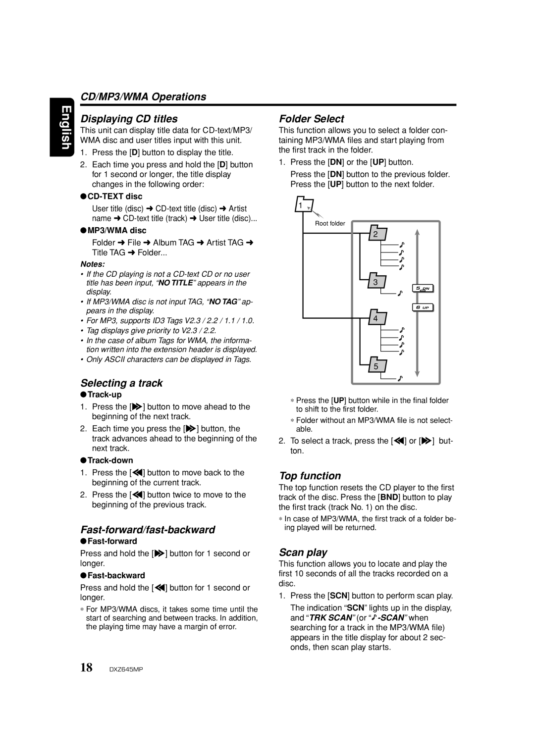 Clarion DXZ645MP CD/MP3/WMA Operations Displaying CD titles Folder Select, Selecting a track, Fast-forward/fast-backward 