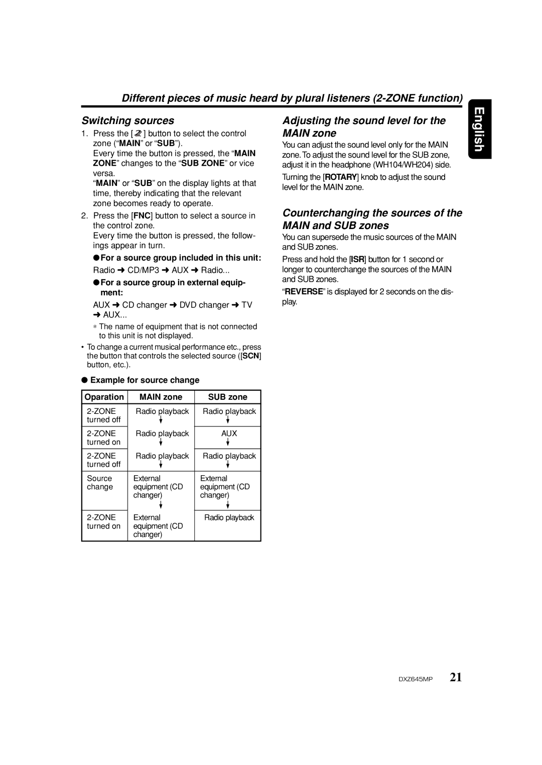 Clarion DXZ645MP Adjusting the sound level for the Main zone, Counterchanging the sources of the Main and SUB zones 