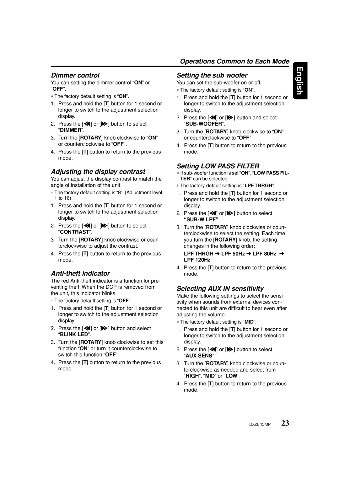 Clarion DXZ645MP owner manual Adjusting the display contrast, Anti-theft indicator, Setting LOW Pass Filter 