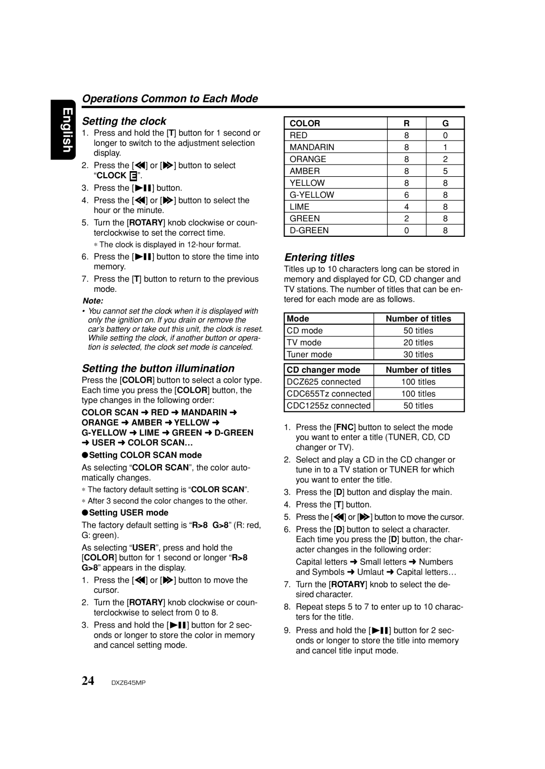 Clarion DXZ645MP Operations Common to Each Mode, Setting the clock, Setting the button illumination, Entering titles 