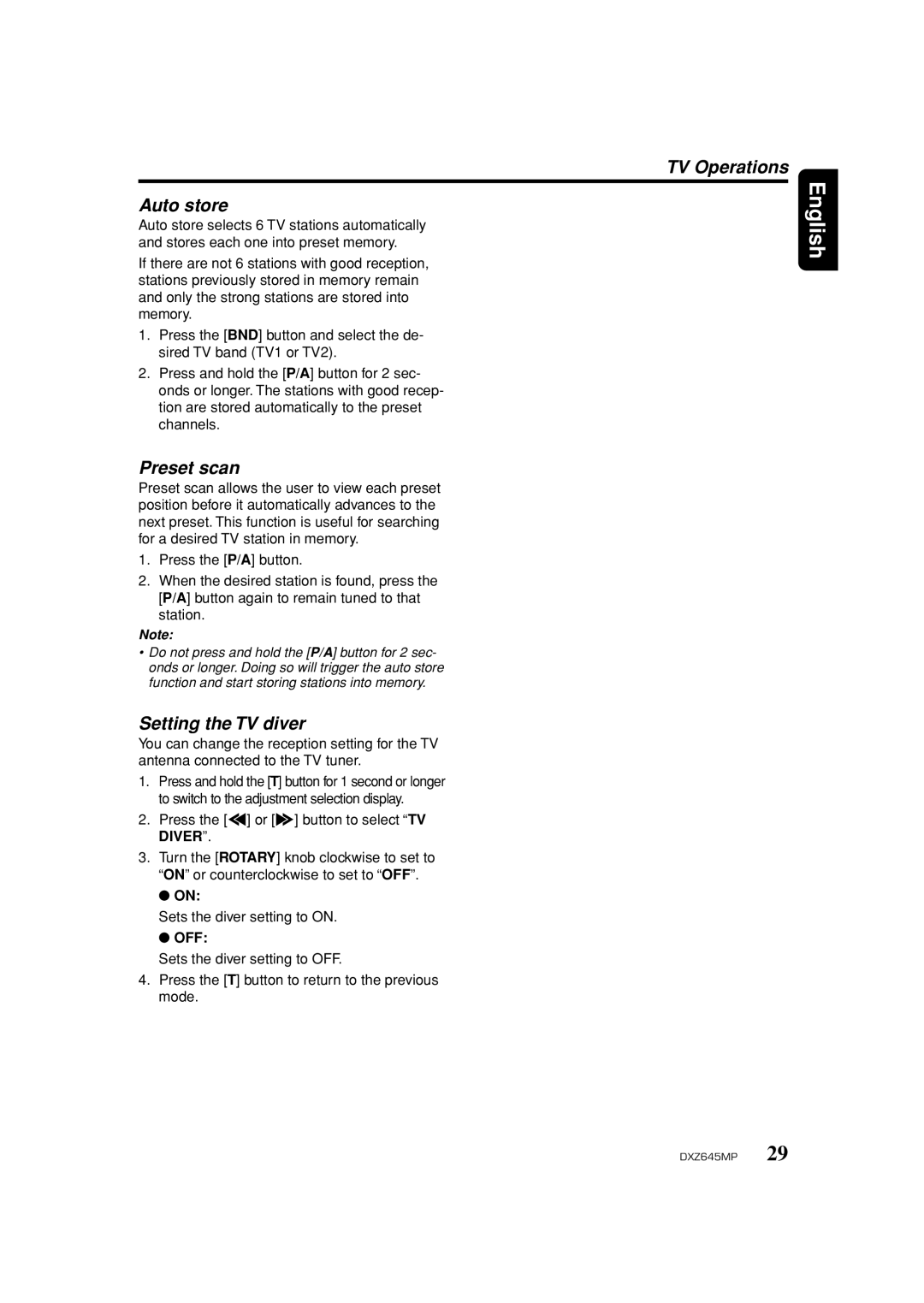 Clarion DXZ645MP owner manual Setting the TV diver, TV Operations, Press the a or d button to select TV Diver 