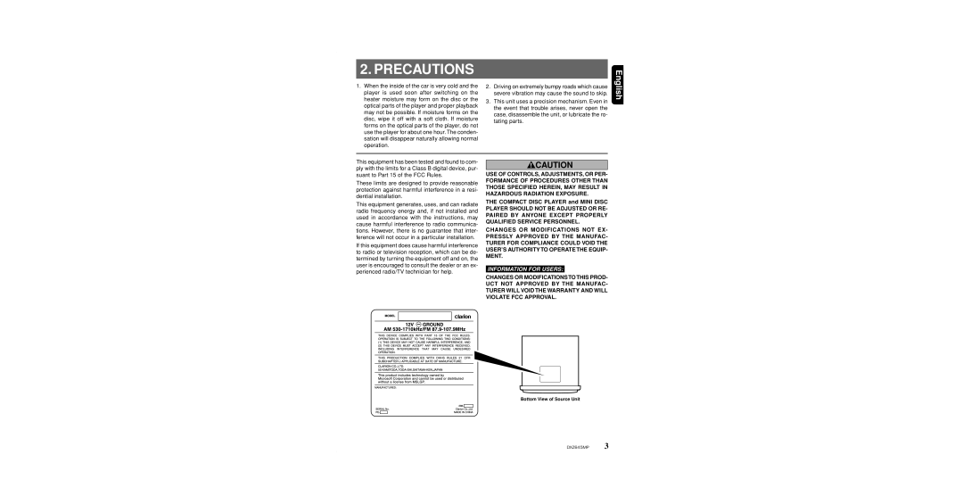 Clarion DXZ645MP owner manual Precautions, Information for Users 