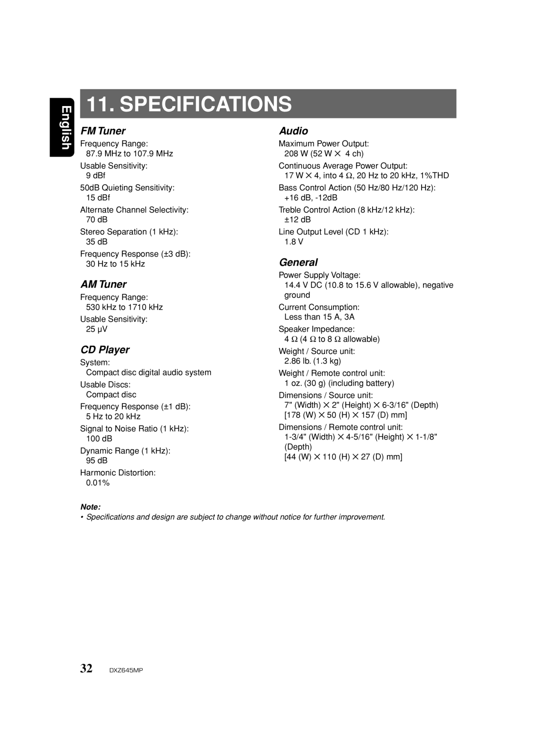 Clarion DXZ645MP owner manual Specifications 