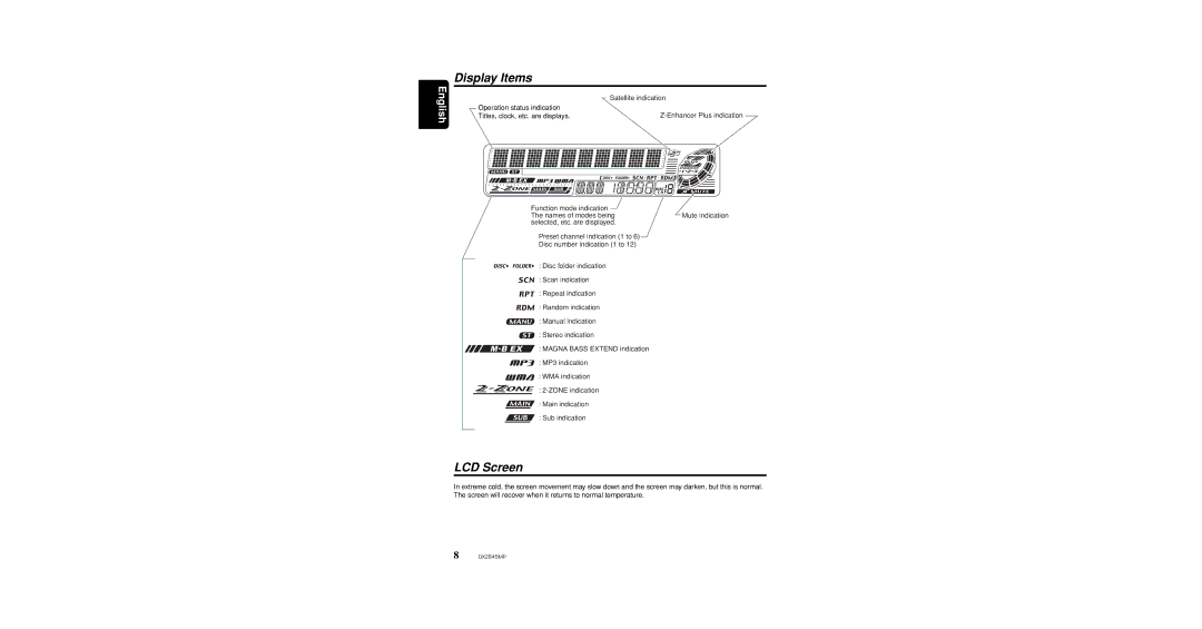 Clarion DXZ645MP owner manual Display Items, LCD Screen, Operation status indication, Titles, clock, etc. are displays 