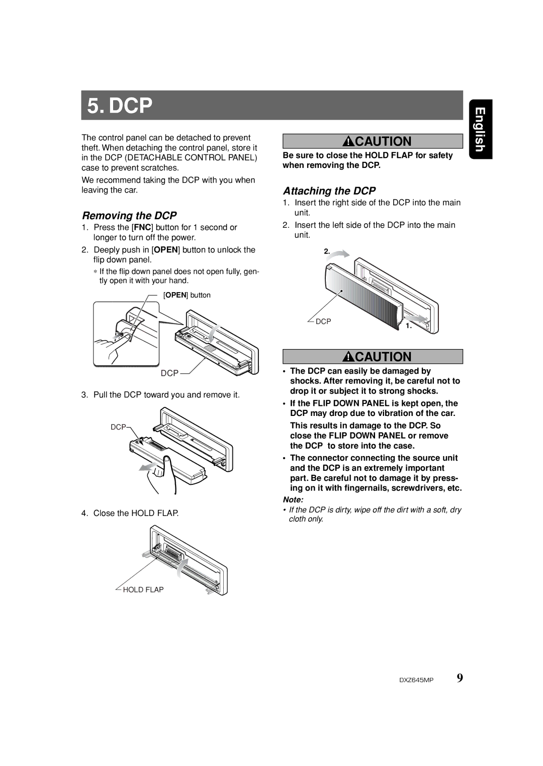 Clarion DXZ645MP Removing the DCP, Attaching the DCP, Pull the DCP toward you and remove it, Close the Hold Flap 