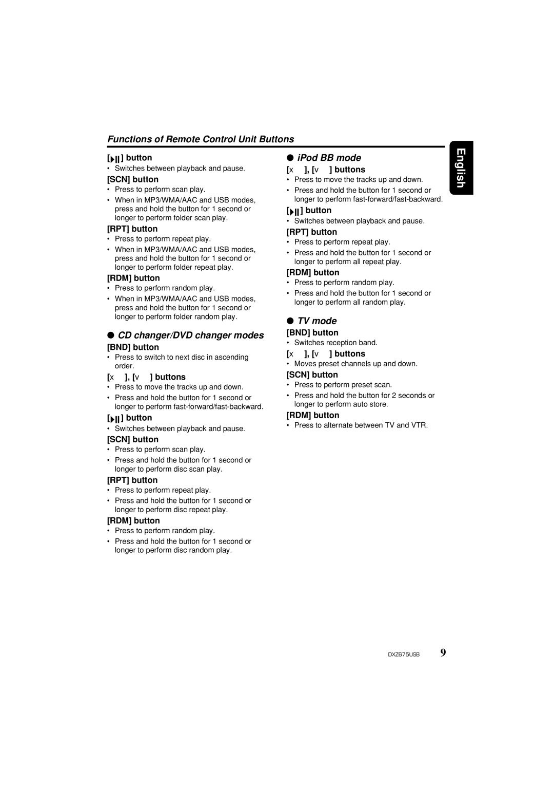 Clarion DXZ675USB Functions of Remote Control Unit Buttons, IPod BB mode, CD changer/DVD changer modes, TV mode 