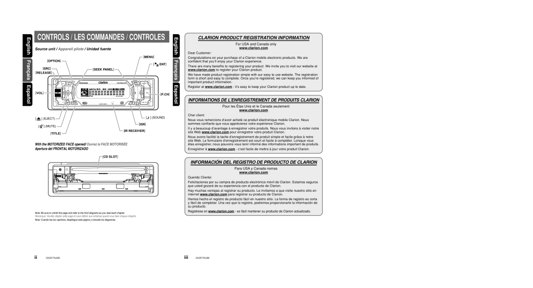 Clarion DXZ675USB owner manual Controls / LES Commandes / Controles 