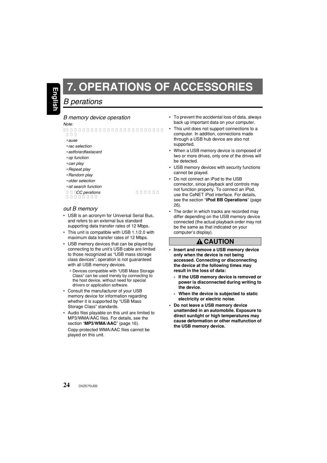 Clarion DXZ675USB owner manual Operations of Accessories, USB Operations, USB memory device operation, About USB memory 