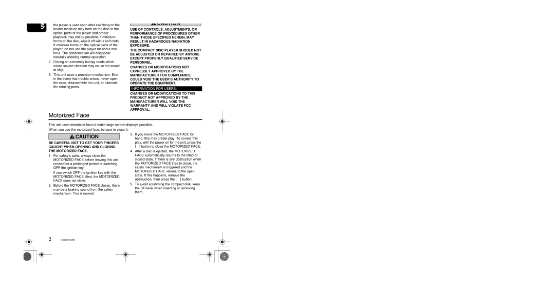 Clarion DXZ675USB owner manual Precautions, Motorized Face 