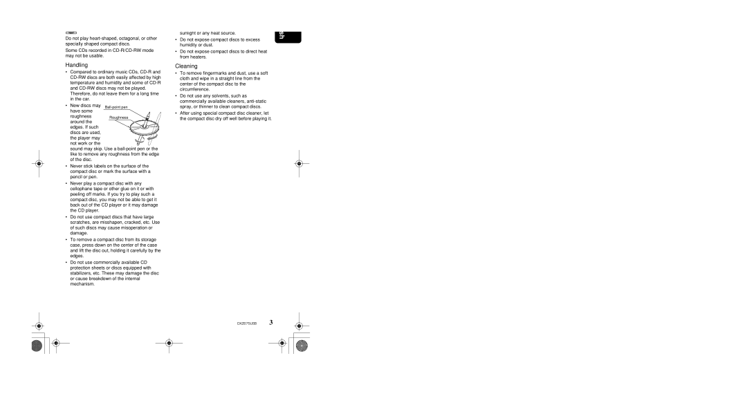 Clarion DXZ675USB owner manual Handling Compact Discs, Storage, Cleaning 