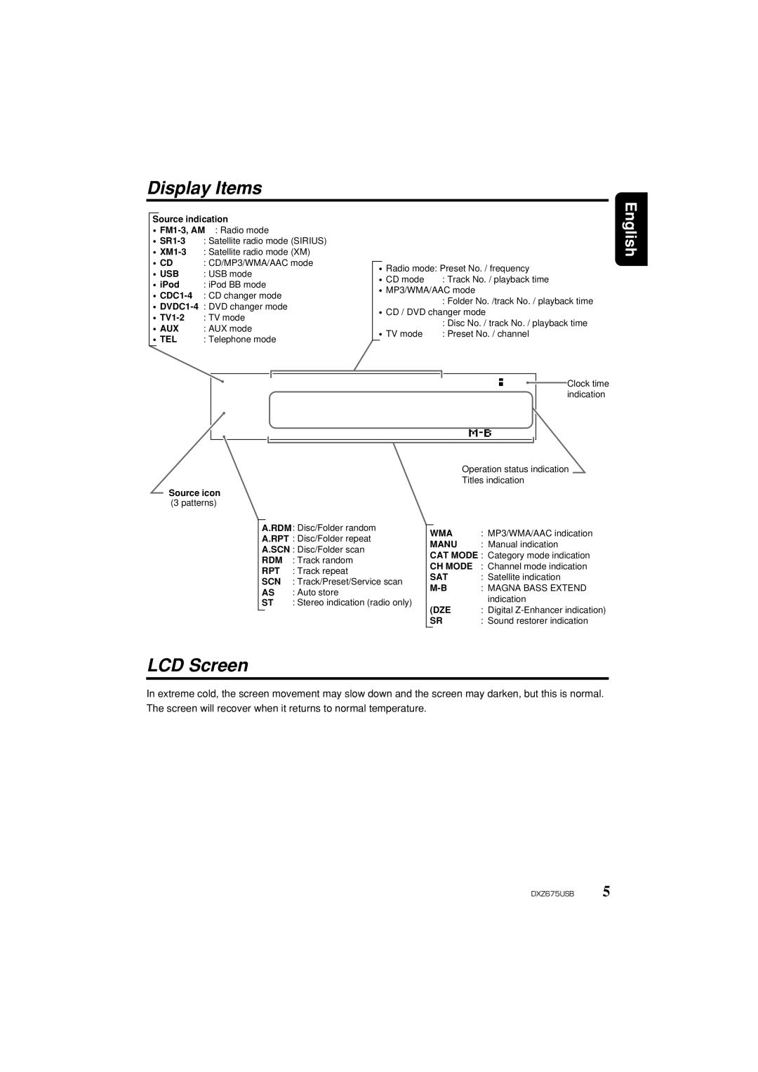 Clarion DXZ675USB owner manual Display Items, LCD Screen 