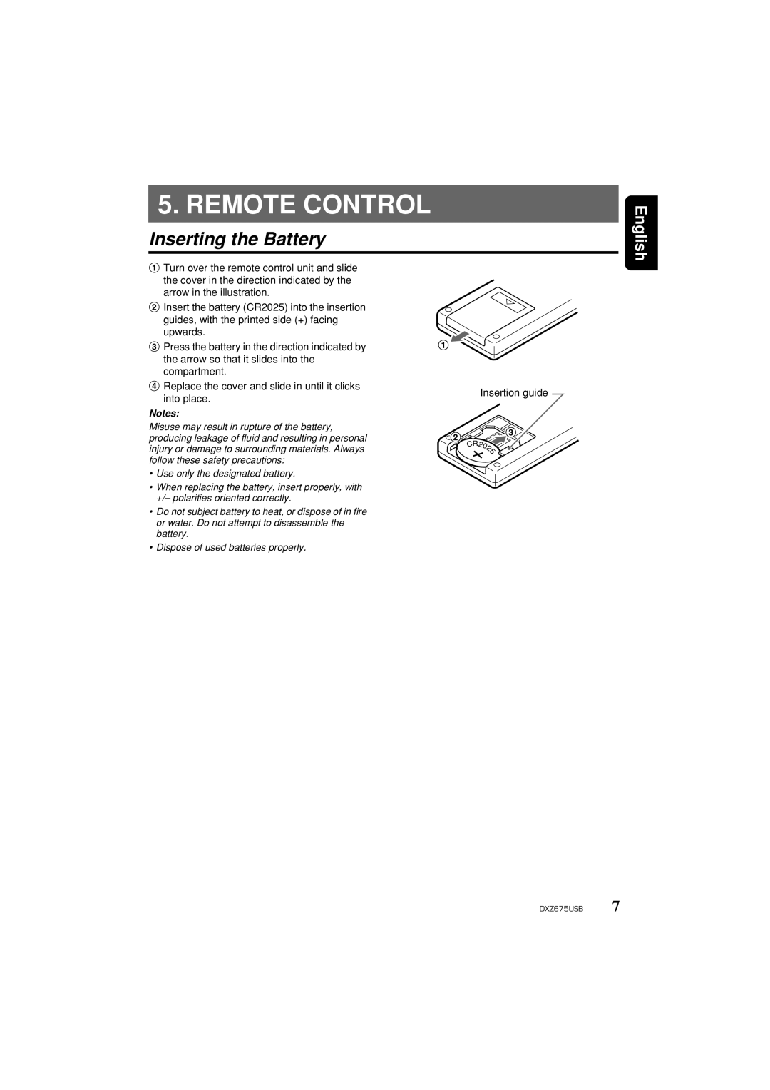 Clarion DXZ675USB owner manual Remote Control, Inserting the Battery, English 
