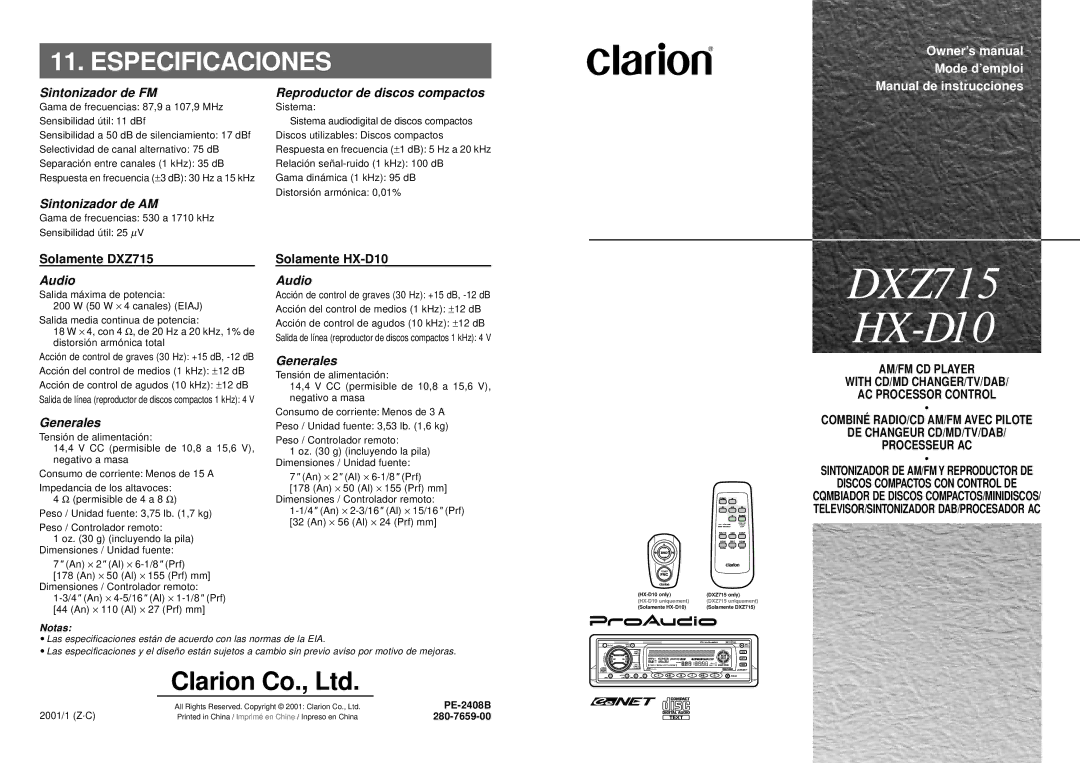 Clarion DXZ715 owner manual Sintonizador de FM Reproductor de discos compactos, Sintonizador de AM, Audio, Generales 