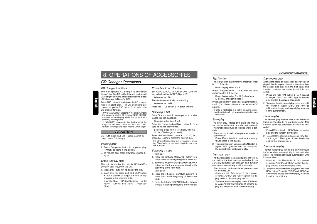 Clarion DXZ715 owner manual Operations of Accessories, CD Changer Operations 