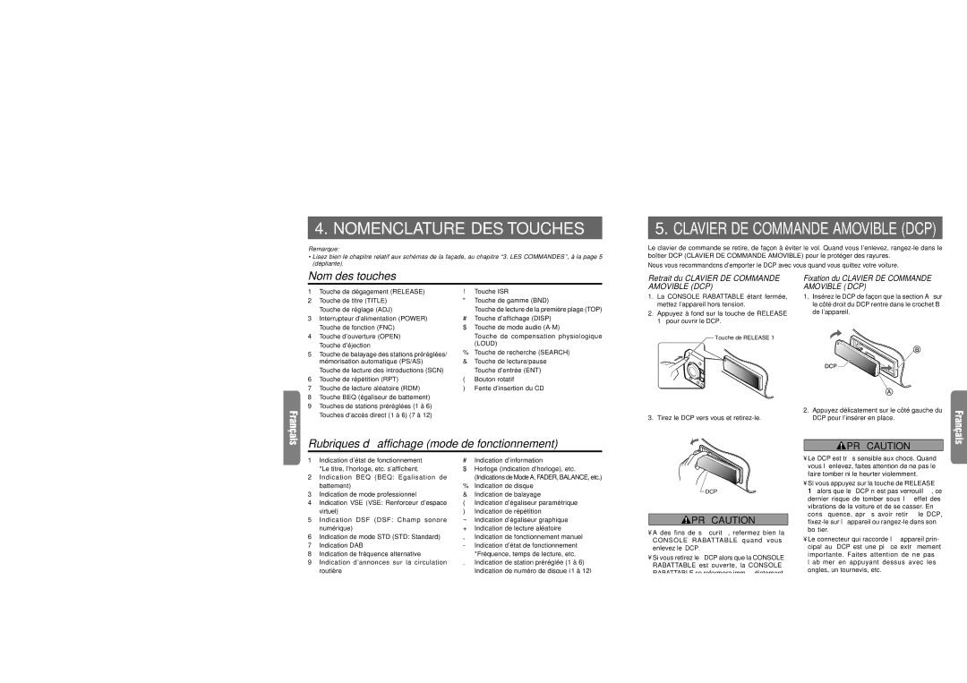 Clarion DXZ715 Nomenclature DES Touches, Nom des touches, Rubriques d’affichage mode de fonctionnement, Ecran LCD 