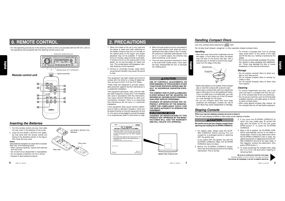 Clarion DXZ715 owner manual Handling, Storage, Cleaning 