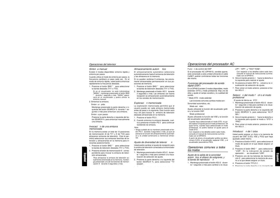 Clarion DXZ715 owner manual Operaciones del procesador AC, Operaciones comunes a todos los modos 