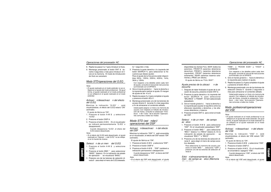 Clarion DXZ715 owner manual Modo STD está ndar/ operaciones del DSF, Modo profesional/operaciones del VSE 