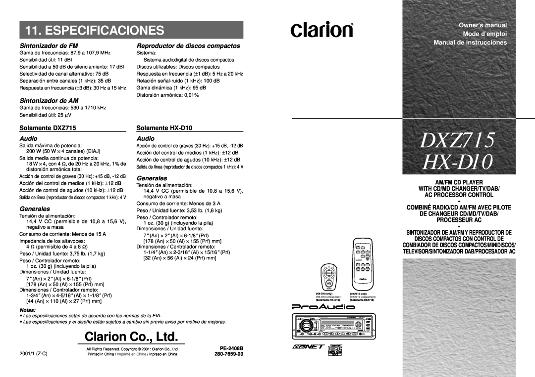 Clarion owner manual Especificaciones, Solamente DXZ715, Solamente HX-D10, DXZ715 HX-D10, Processeur Ac, Notas 