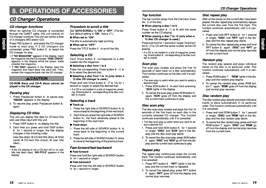 Clarion DXZ715 owner manual Operations Of Accessories, CD Changer Operations 