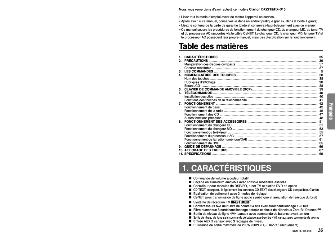 Clarion DXZ715 owner manual Table des matiè res, Caracté Ristiques 
