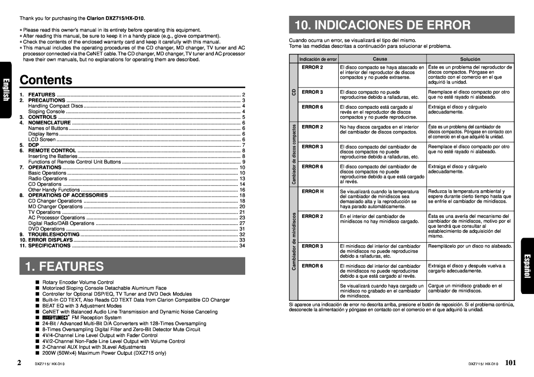 Clarion DXZ715 owner manual Features, Indicaciones De Error, Contents, Causa, Solució n, Error H 