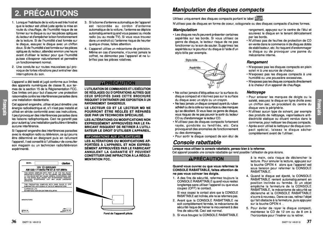 Clarion DXZ715 2. PRÉ CAUTIONS, Manipulation des disques compacts, Console rabattable, Pré Caution, Mentation Fcc 
