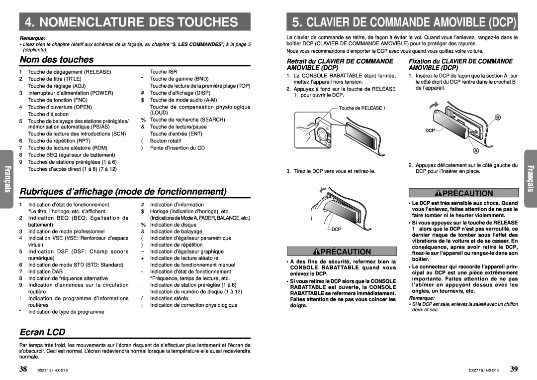 Clarion DXZ715 Nomenclature Des Touches, Clavier De Commande Amovible Dcp, Nom des touches, Ecran LCD, Pré Caution 