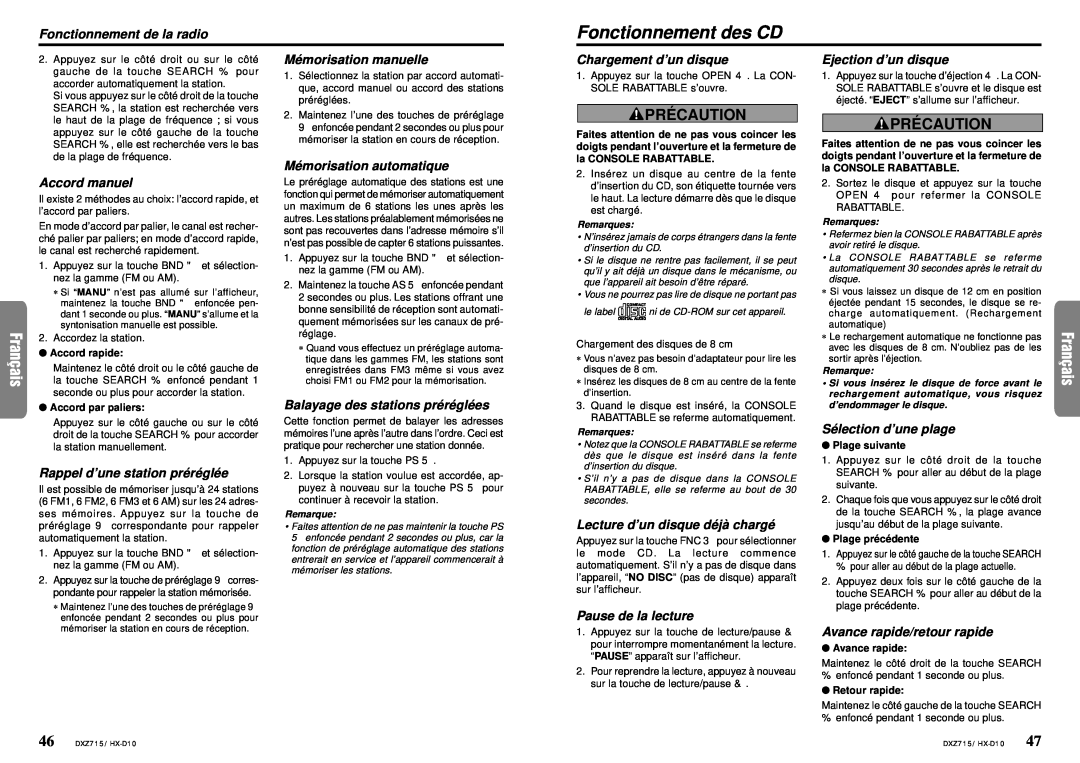 Clarion DXZ715 owner manual Fonctionnement des CD, Pré Caution 
